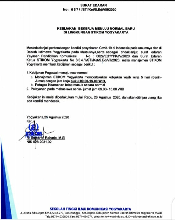 KEBIJAKAN BEKERJA MENUJU ERA NORMAL BARU DI LINGKUNGAN STIKOM YOGYAKARTA